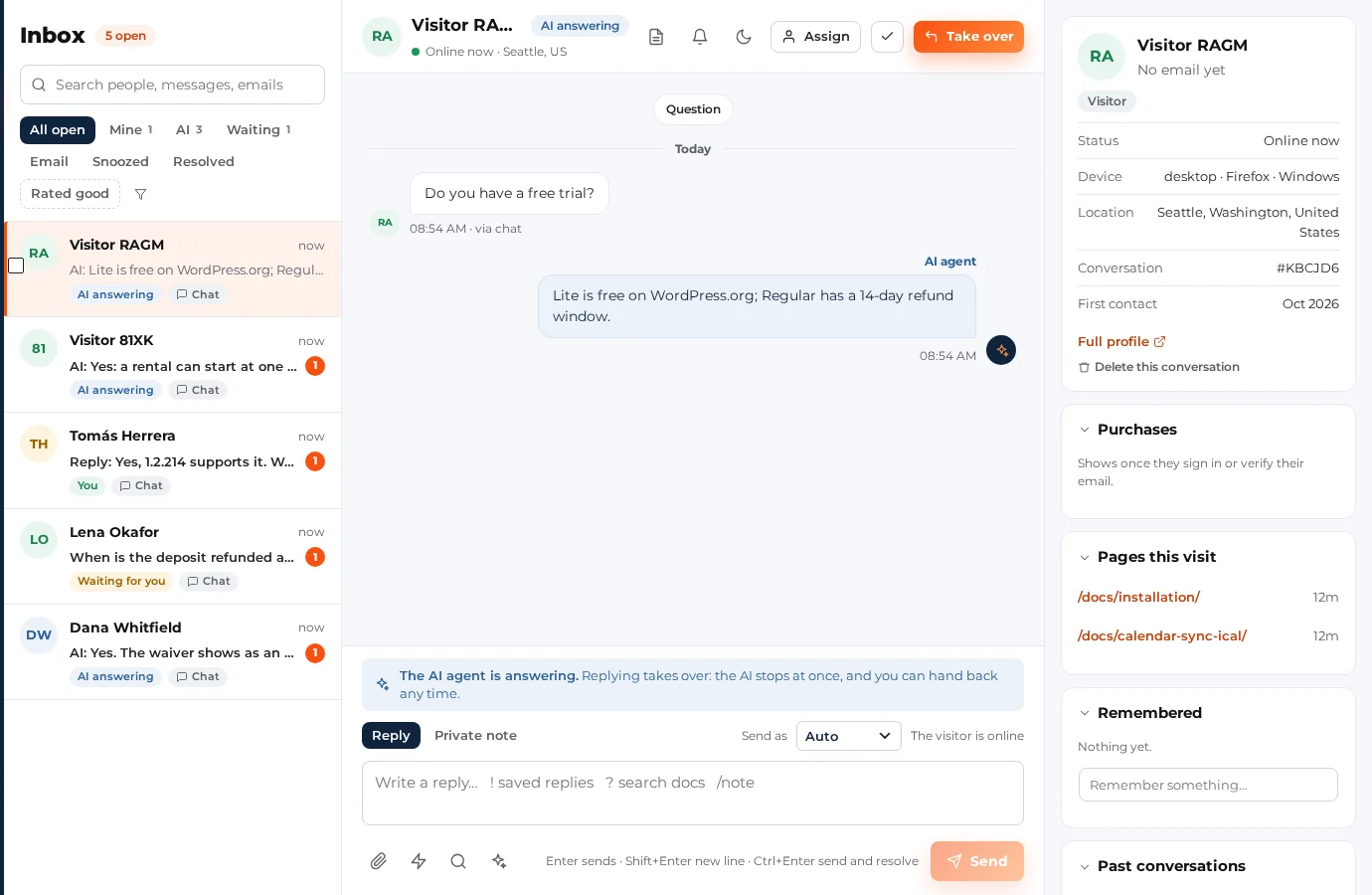 The inbox with a chat the AI agent is answering, the Take over button, and the visitor's details on the right
