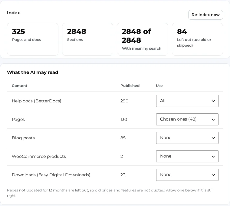 The Knowledge tab: pages and docs in the index, and a Use setting for help docs, pages, blog posts, WooCommerce products and downloads
