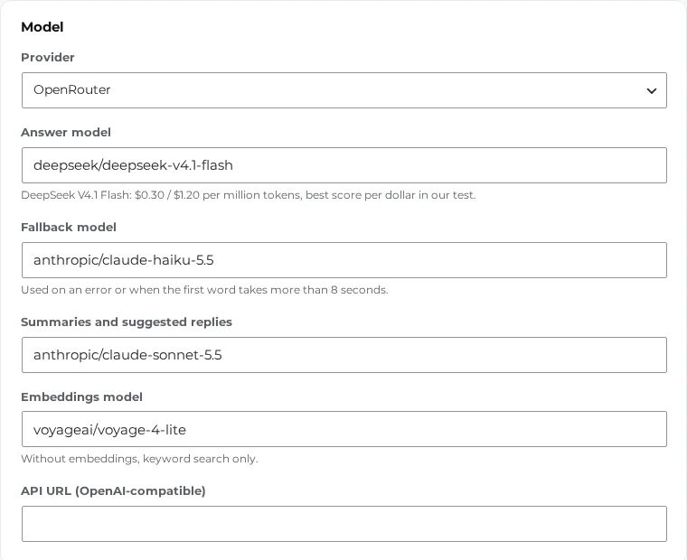 The Model settings: provider OpenRouter, answer model, fallback model, summaries model, embeddings model and API URL