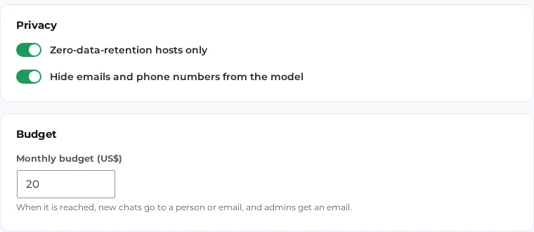 The Privacy settings with Zero-data-retention hosts only and Hide emails and phone numbers switched on, and the Monthly budget set to 20 US dollars