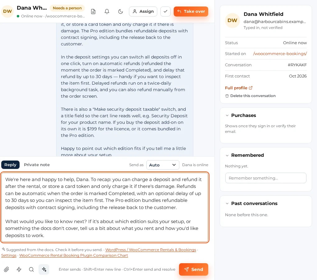 A chat marked Needs a person, with Take over at the top and a reply suggested from the docs in the reply box, with its sources
