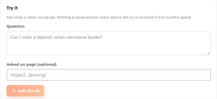 Try it: a question box with "Can I take a deposit when someone books?", an optional page and the Ask the AI button
