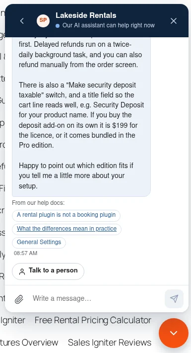 The chat widget with an AI answer, the help docs it came from and the Talk to a person button