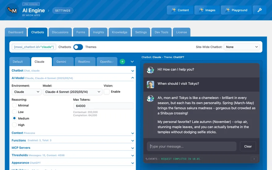 AI Engine's chatbot settings in wp-admin, with a live chat preview