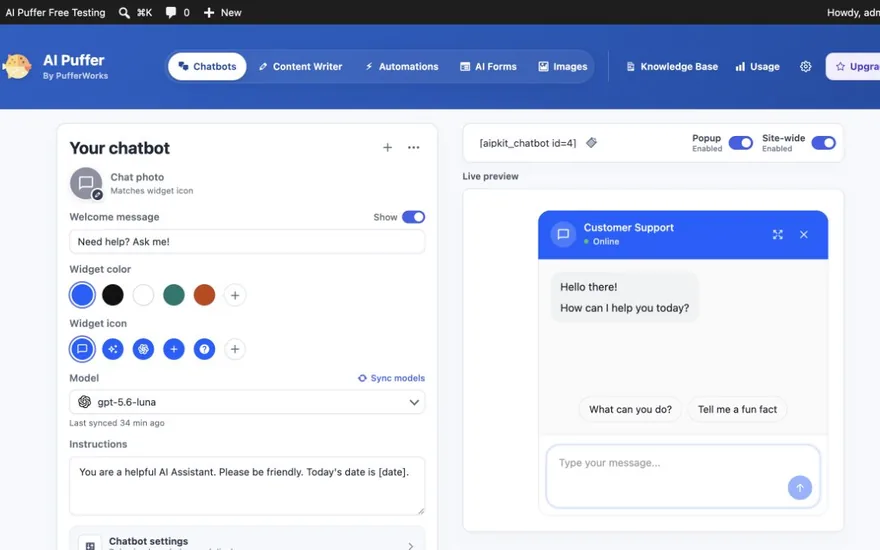 AI Puffer's chatbot builder in wp-admin: welcome message, colours, model and a live preview
