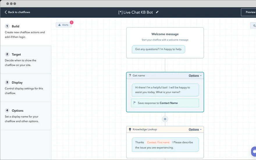 HubSpot's chatflow builder for a knowledge base bot
