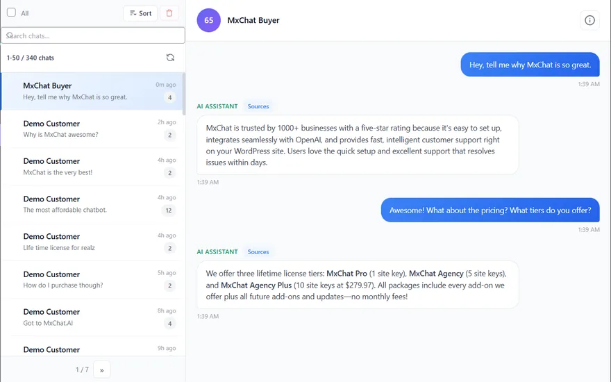 MxChat's chat transcripts: a list of conversations and one chat with the AI assistant's replies