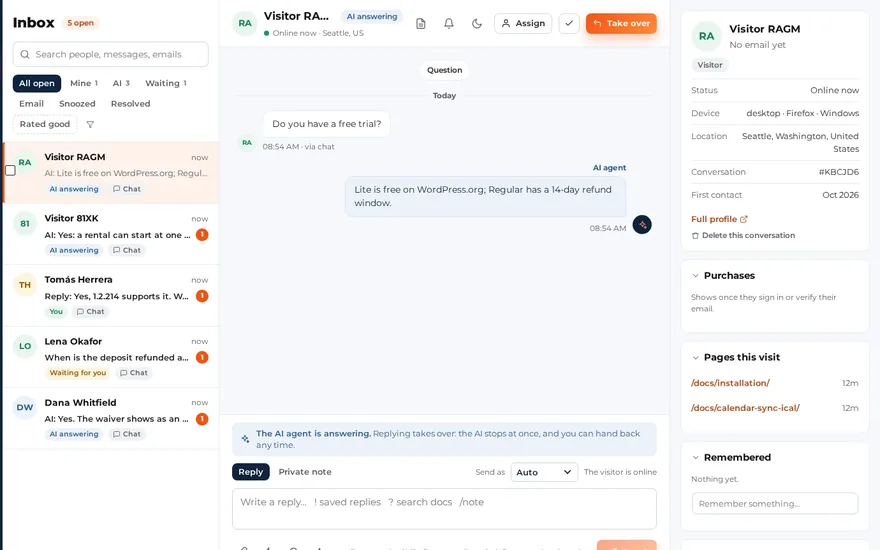 Sales Igniter Chat's inbox in wp-admin: conversations the AI is answering, with a Take over button