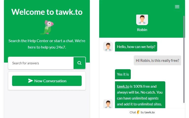 The tawk.to chat widget: a welcome screen with help search, and a chat with an agent