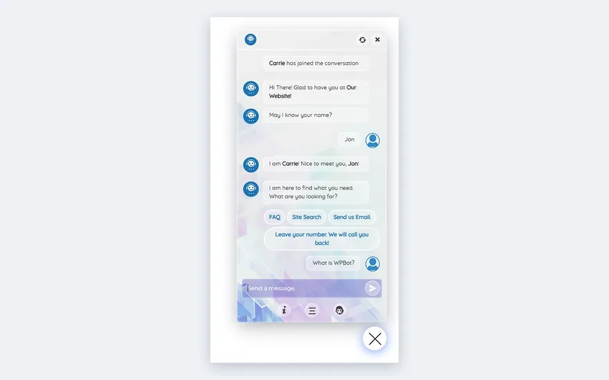 WPBot's chat window on a page, with FAQ, site search and email buttons