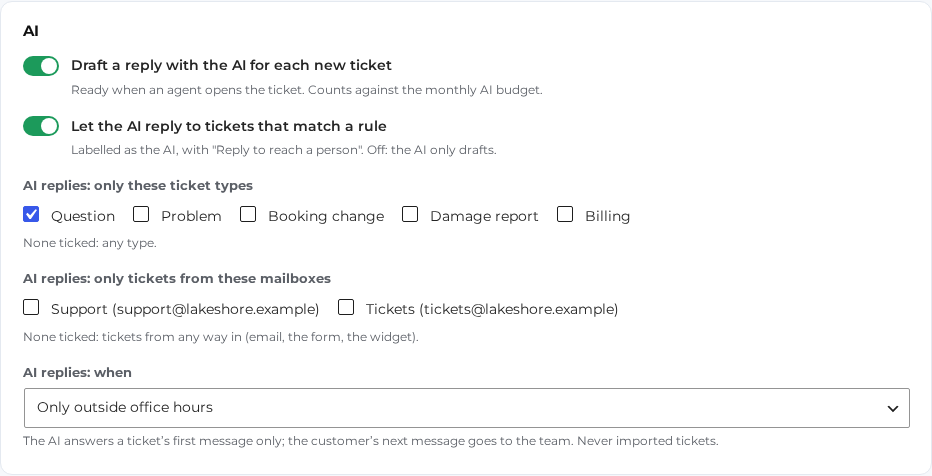 Help Desk › Tickets › AI, with the draft and AI reply switches.