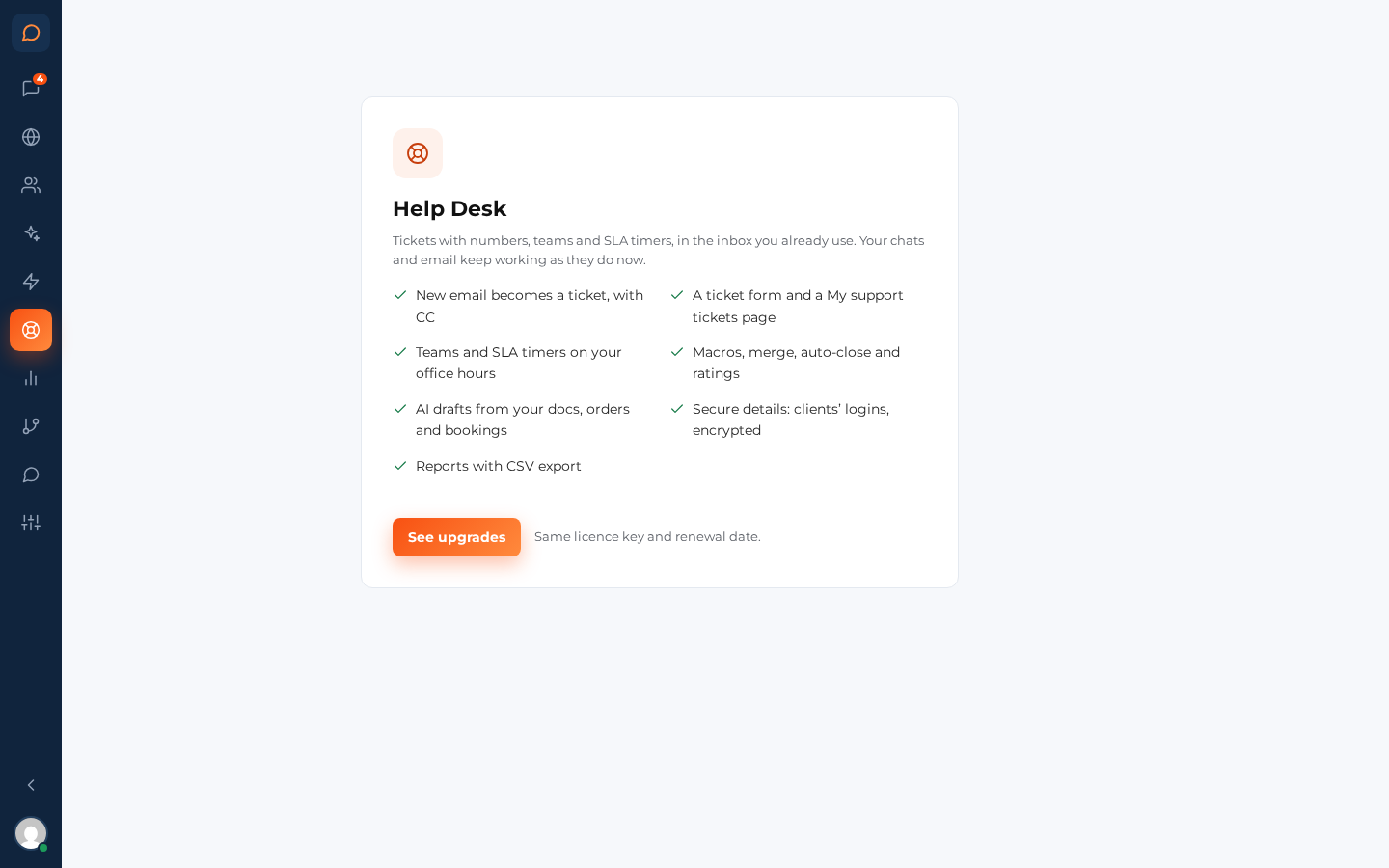 The Help Desk screen on the Live Chat edition, listing what the upgrade adds.