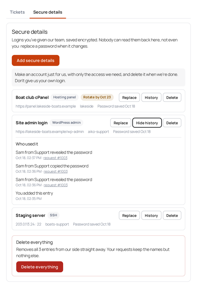 The customer's Secure details tab with saved logins and a change-by date.