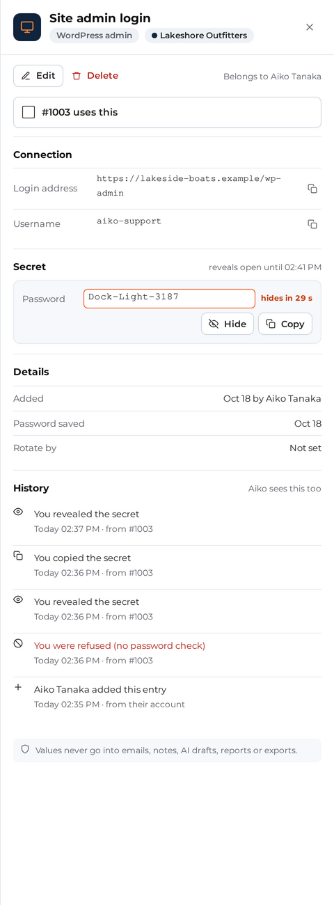 The staff view of one entry with the password revealed, and its history.