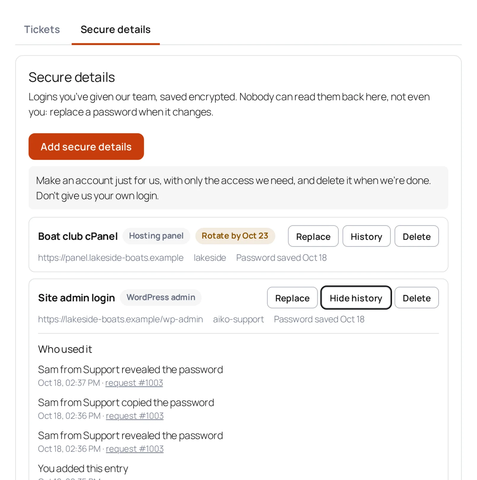 The customer's Secure details tab: saved logins with their type, address and username, when each password was saved, a rotate-by date, and who used each one