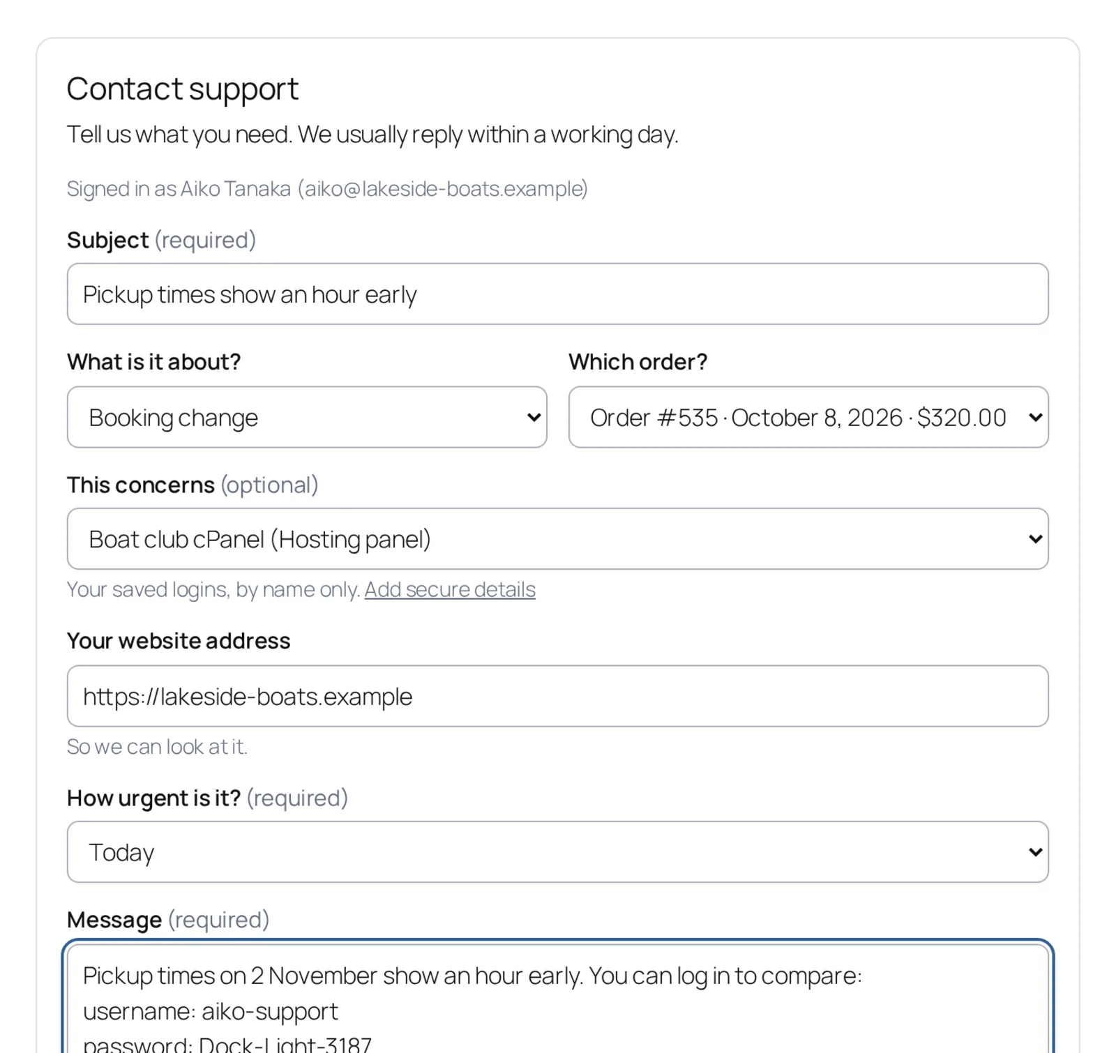 The ticket form: subject, what it is about, which order, the Secure details entry it concerns, the website address, how urgent it is and the message