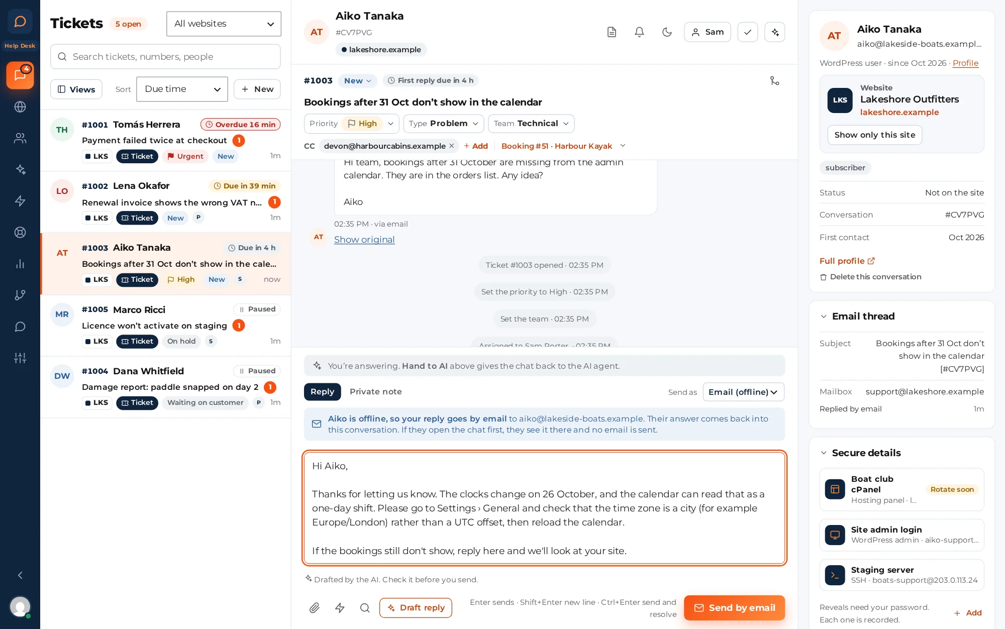 The inbox with the Tickets view open: ticket numbers, overdue and due-soon timers, priorities, a ticket with its priority, type and team, and an AI draft in the reply box