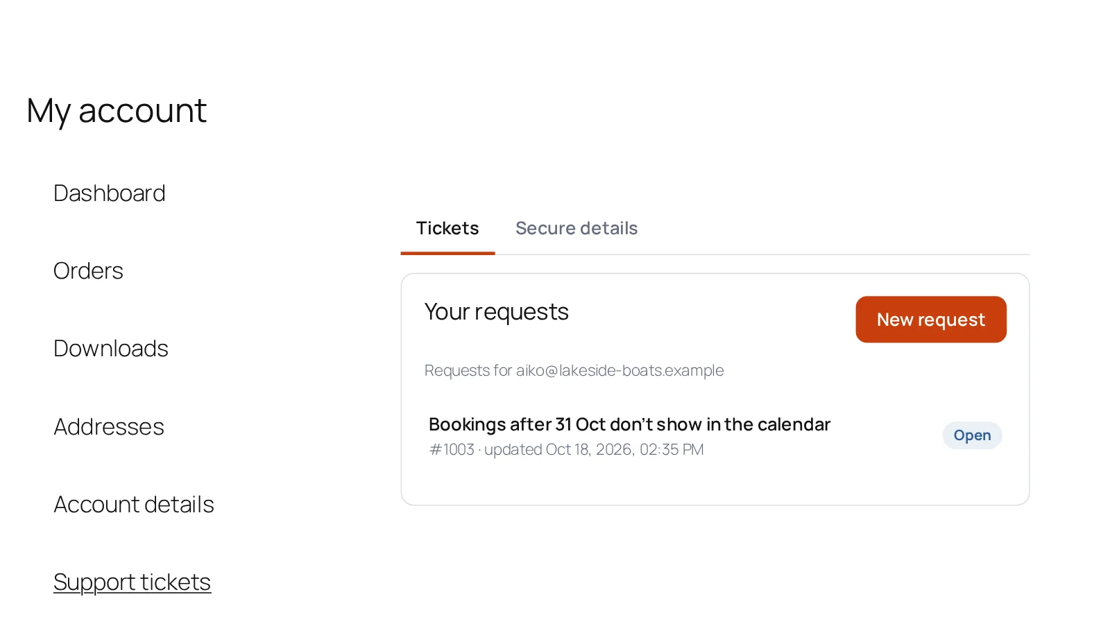 The Support tickets tab in WooCommerce My Account: the customer's requests with number, status and last update, a New request button and a Secure details tab