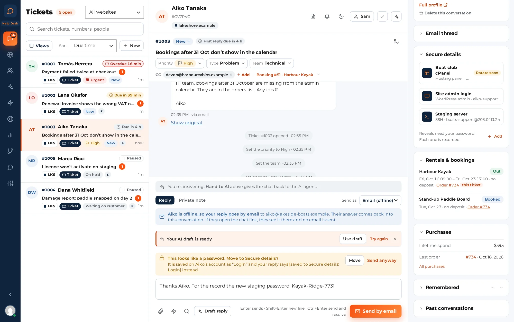 A ticket: number, status, priority, type and team in the header, an AI draft ready to use, a warning that offers to move a typed password to Secure details, and the customer's Secure details, rentals and purchases on the right