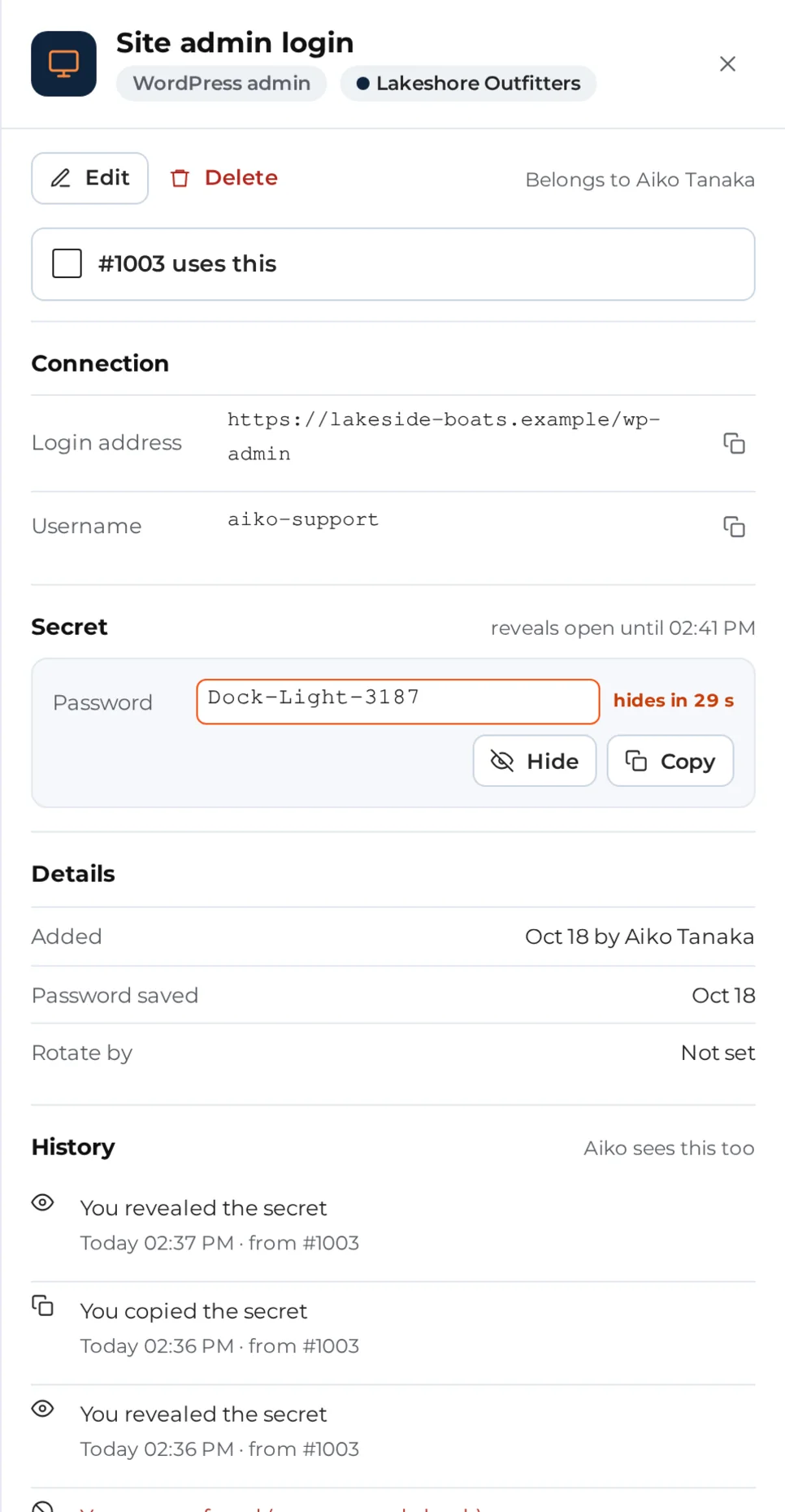 The staff view of one entry: login address and username, a revealed password that hides again in 30 seconds with Hide and Copy, and the history of who revealed or copied it