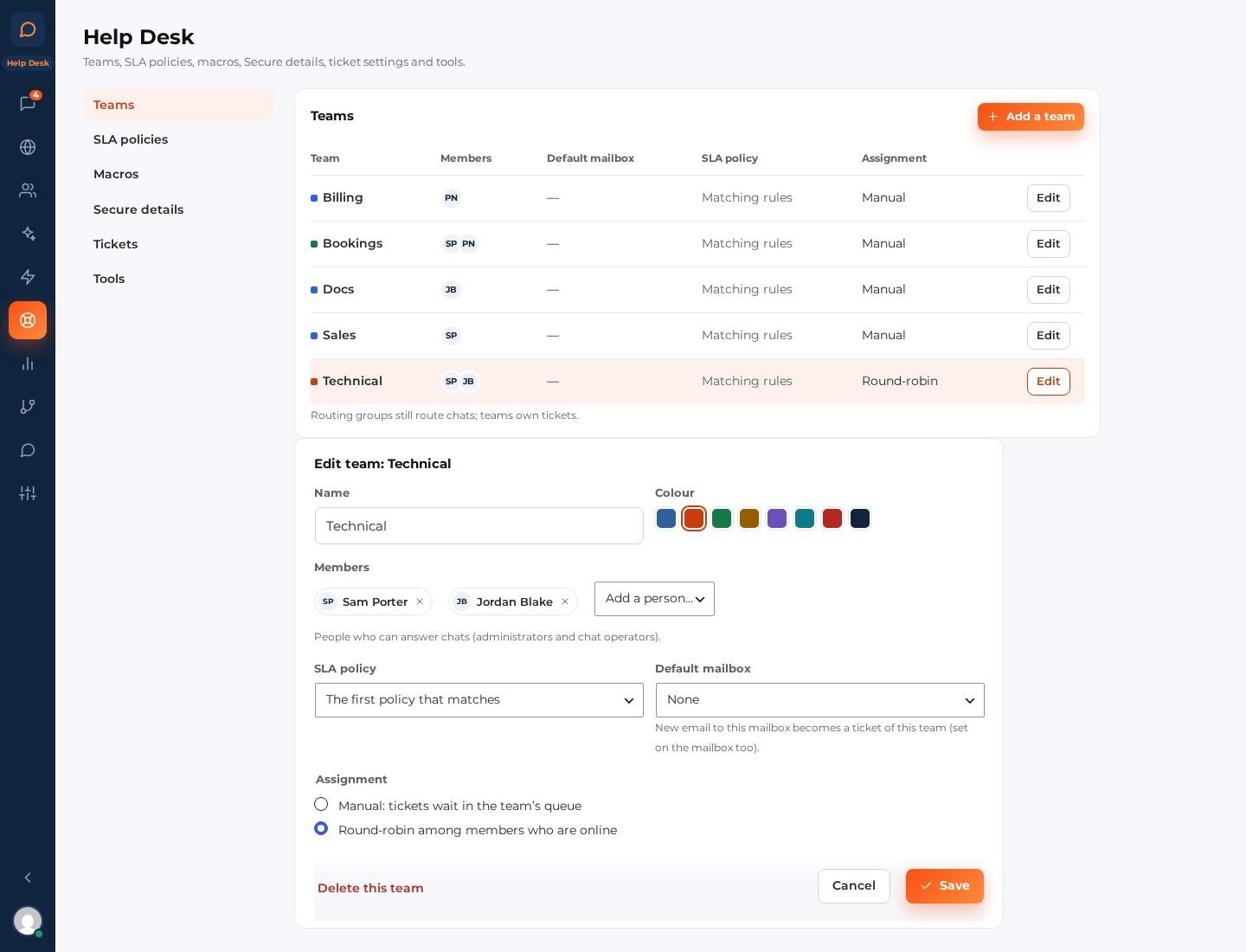 Editing a team: members, colour, mailbox, SLA policy and assignment.