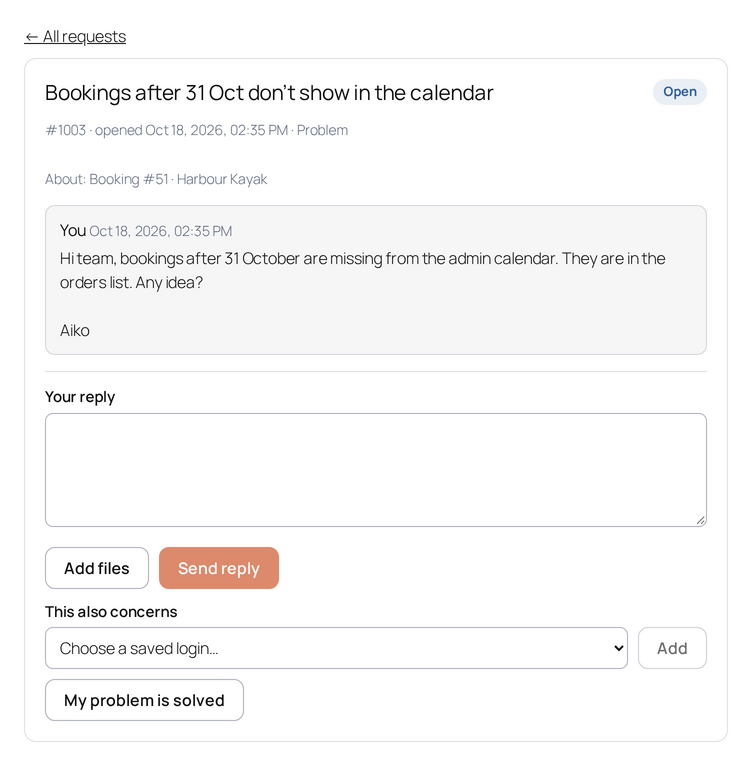 One request with its conversation, as the customer sees it.