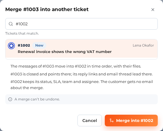 The merge dialog, with the ticket to keep chosen.