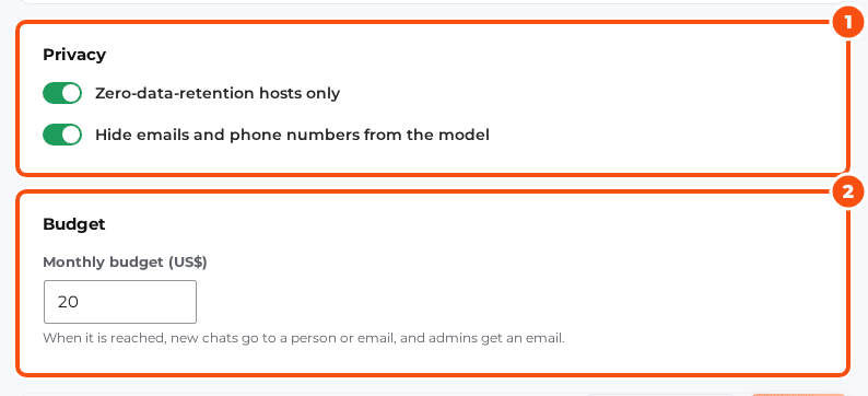 The AI agent settings with the Privacy card (zero-data-retention hosts only, hide emails and phone numbers from the model) and the Monthly budget in US dollars
