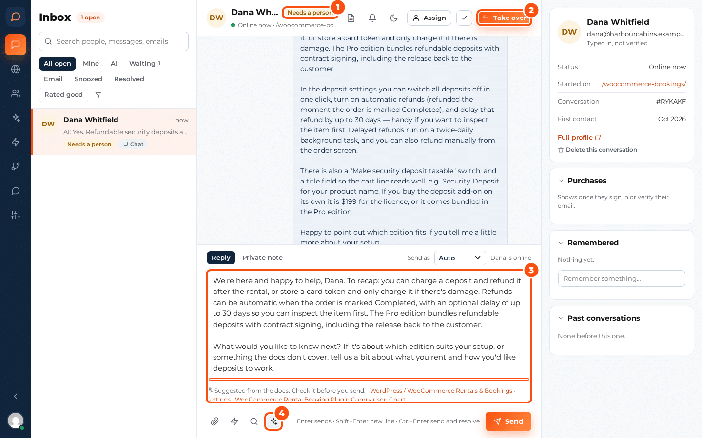 A conversation in the inbox marked Needs a person, with the Take over button, a reply suggested from the docs in the reply box with the note Suggested from the docs. Check it before you send. and links to its sources, and the sparkle button that suggests a reply