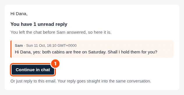 The email a visitor gets for an unread reply, saying You have 1 unread reply, with the operator's message, the Continue in chat button and the line Or just reply to this email
