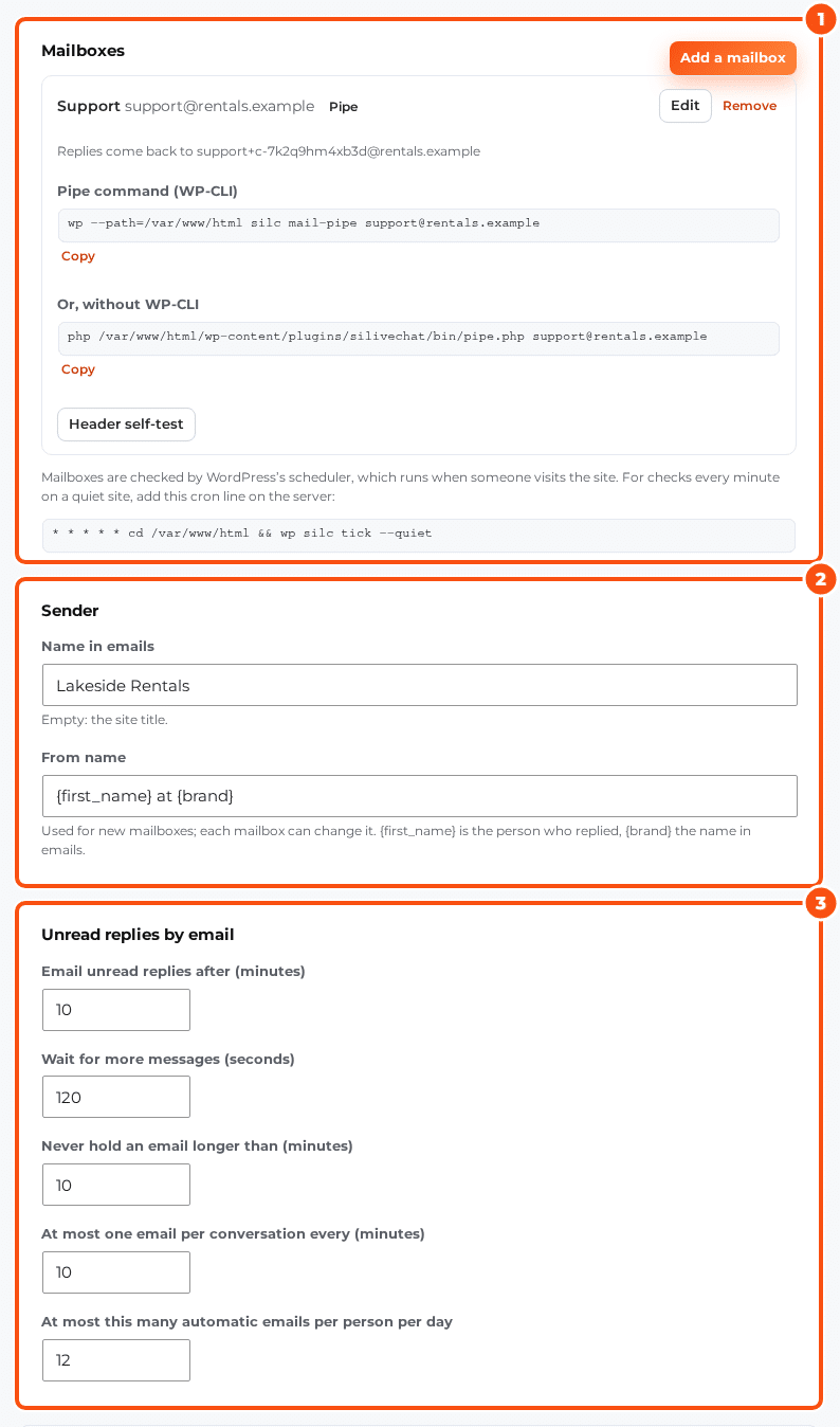 Settings, Email with the Mailboxes card (a pipe mailbox support@rentals.example, its reply address with a token, the pipe command for WP-CLI and without WP-CLI, the Header self-test button and the cron line), the Sender card (name in emails Lakeside Rentals, from name: first name at brand) and the Unread replies by email card (10 minutes, 120 seconds, 10 minutes, 10 minutes, 12 a day)