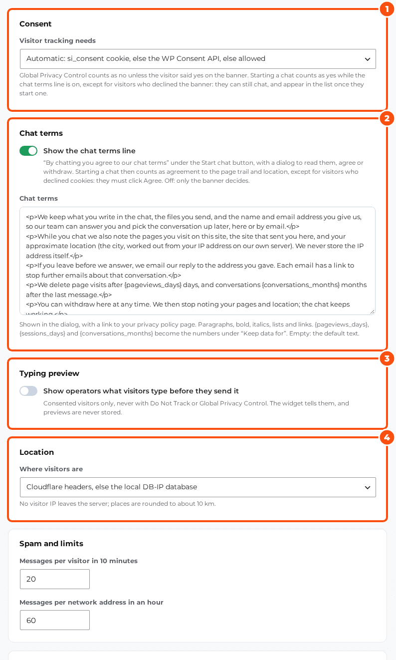 Settings, Privacy with the Consent card (visitor tracking needs: automatic), the Chat terms card (show the chat terms line, and the chat terms text), the Typing preview card and the Location card