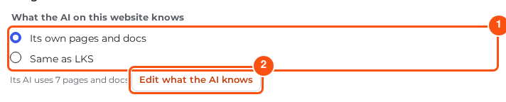 The website dialog's AI part: What the AI on this website knows, with Its own pages and docs chosen and Same as LKS below it, and an Edit what the AI knows button
