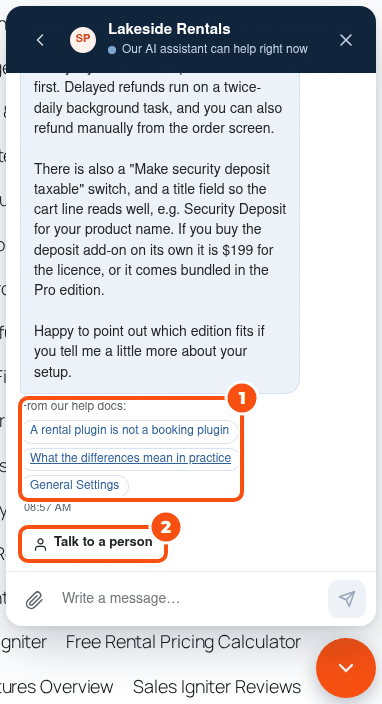 The chat widget with the header Our AI assistant can help right now, a visitor's question about the deposit, the AI's answer with the line From our help docs and two links to the help docs it used, and the Talk to a person button
