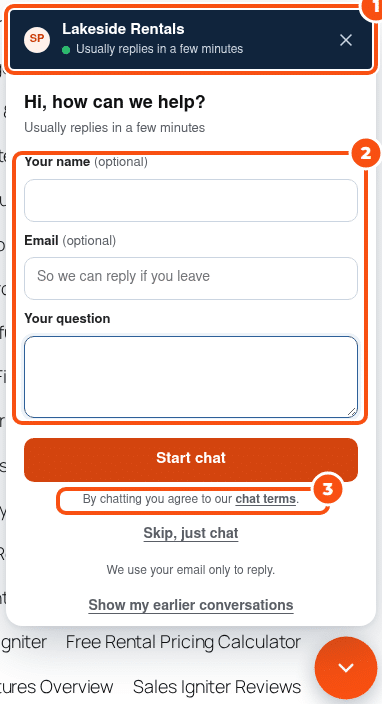 The open chat widget on a site called Lakeside Rentals, with the header saying Usually replies in a few minutes, the questions before the chat (name, email and the question, the first two optional), a Start chat button, a Skip, just chat link and the line By chatting you agree to our chat terms