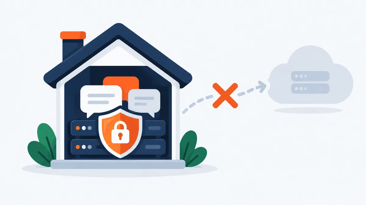 Chats and files kept inside a house with a lock, with the path to an outside cloud crossed out