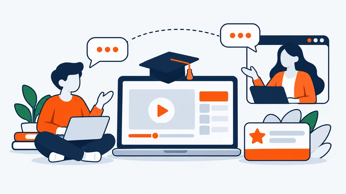 A student at a laptop with a video lesson, a certificate and chat bubbles