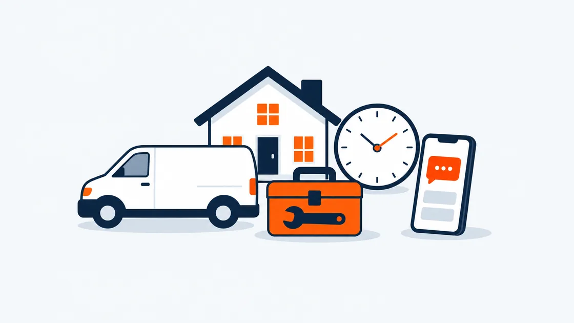 A tradesperson with a toolbox and a phone, a small van and chat bubbles