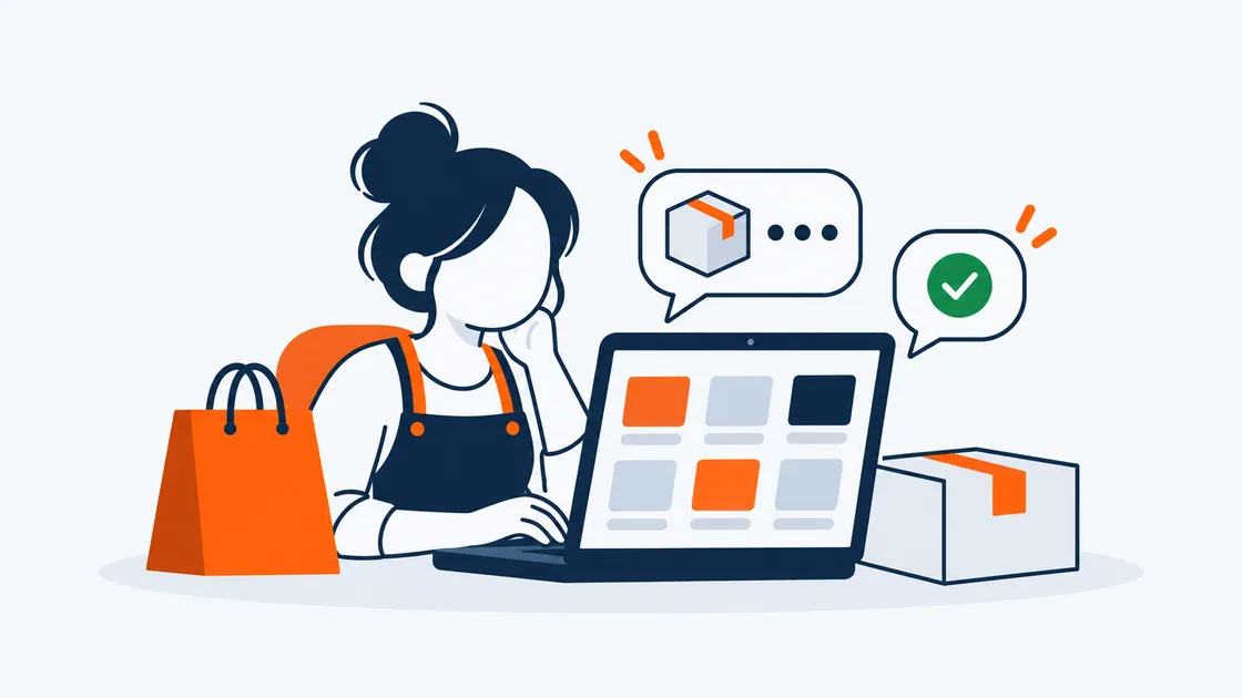 A shop owner at a laptop with a product grid, a shopping bag and a parcel, and chat bubbles
