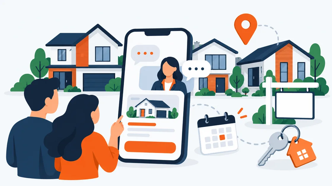 A house with a for-sale sign, a map pin, keys and chat bubbles