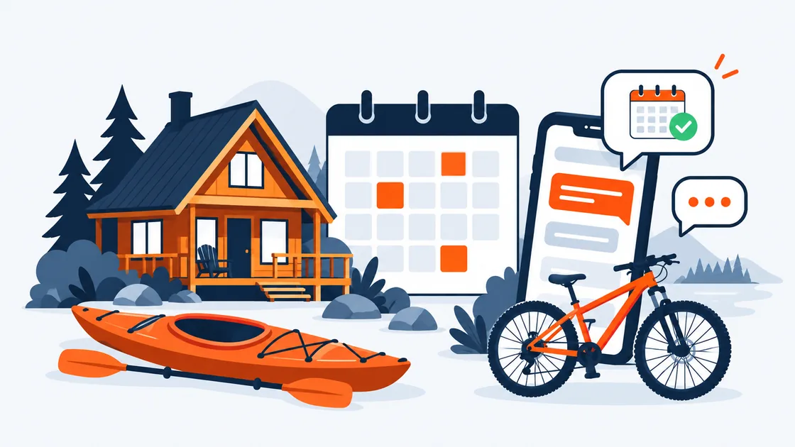 A holiday cabin with a calendar, a key and chat bubbles