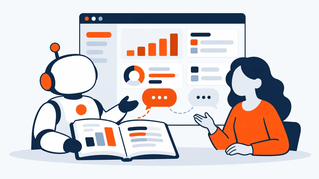 A support agent at a screen of code with a licence key, a help book and chat bubbles